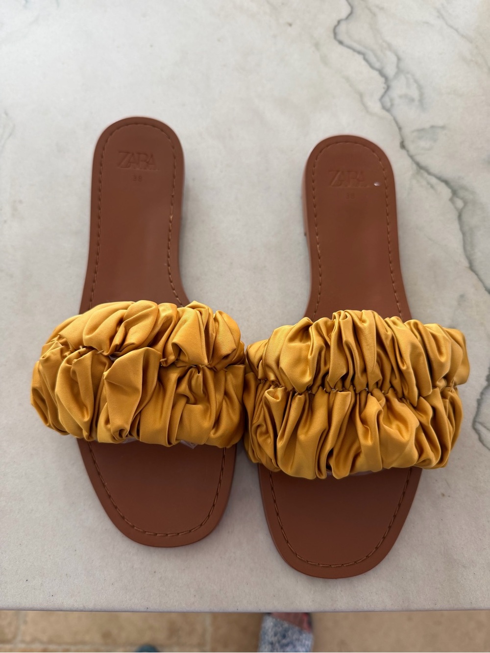 Zara Mustard Yellow Ruched Slide Sandals Size 38/ 8-8.5 NWOT!
